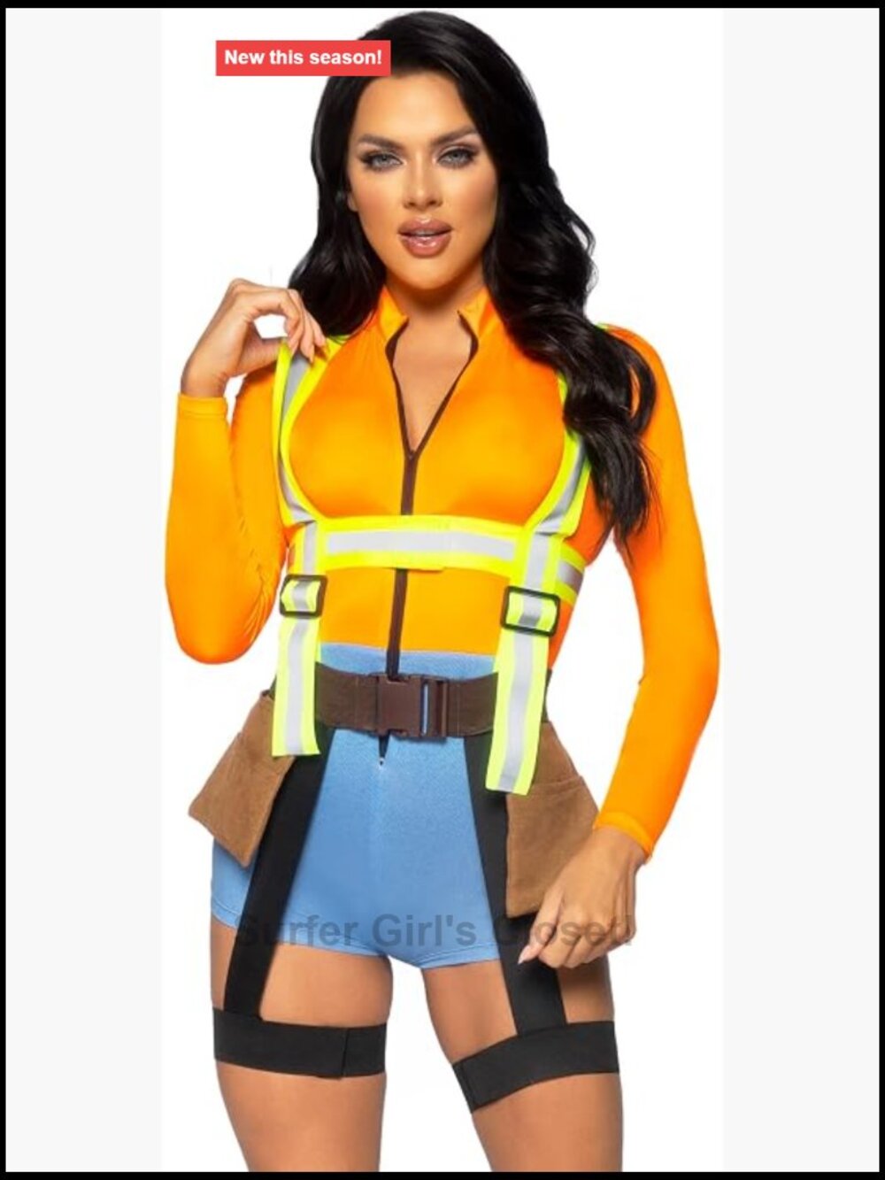 Leg Avenue 2 Pc Construction Worker Costume Zip Romper Faux Leather Garter